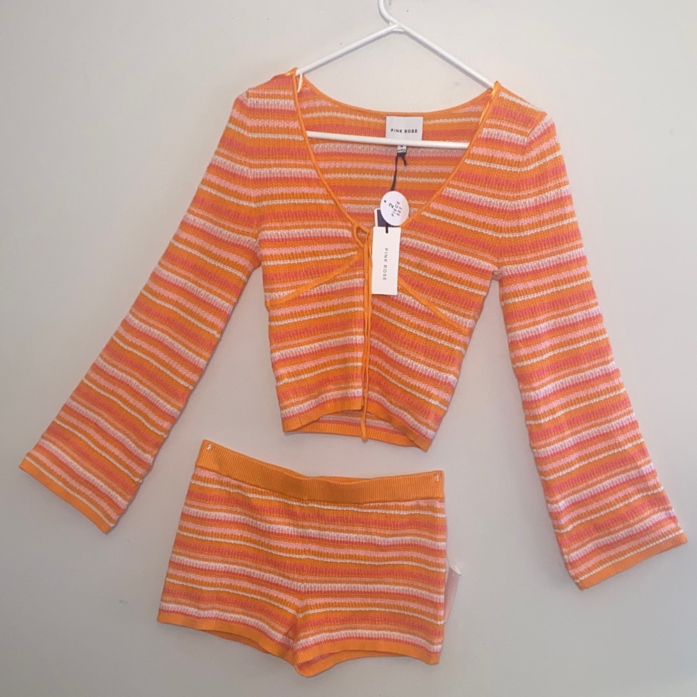 Short set woman’s Pink Rose Striped Orange and Pink or-bathing suit cover up.